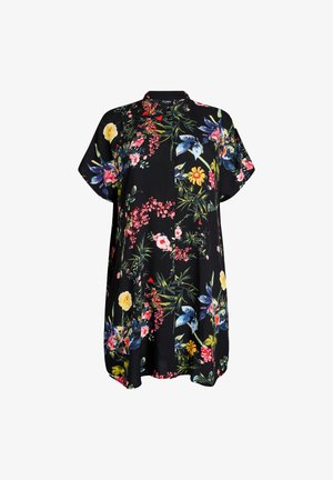 Schwarzes, kurzärmeliges Blumenkleid mit durchgehender Knopfleiste und bunten Blumen- und Blattmustern in Pink, Gelb, Rot und Grün.