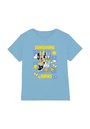 Light blue shirt with Minnie Mouse and Daisy Duck wearing yellow and blue bows, with yellow suns and text "Sunshine & Bows."