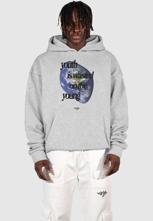 Gray hoodie with a front graphic featuring Earth and the text "youth is wasted on the young." Relaxed fit with a kangaroo pocket.