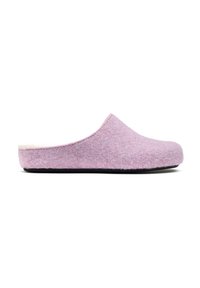 Pink felt clogs with a minimalist design, featuring a closed toe and soft textile upper. The sole is black, providing contrast and grip.