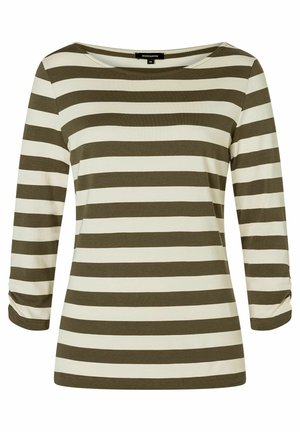 Chemise à manches longues avec rayures horizontales vert olive et blanches, encolure ronde, et poignets légèrement froncés.