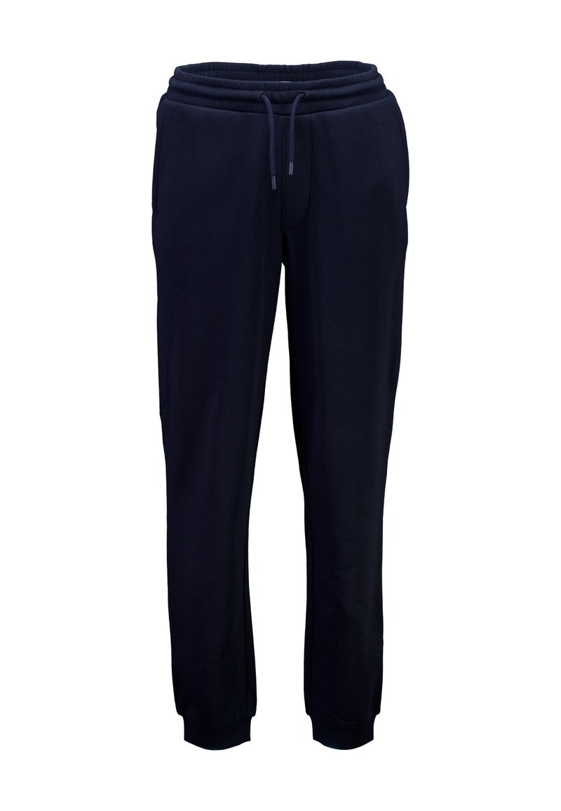 Navyblaue Sweatpants aus weichem Stoff, mit elastischem Bund, Kordelzug und seitlichen Taschen; eng zulaufendes Bein mit gerippten Bündchen.