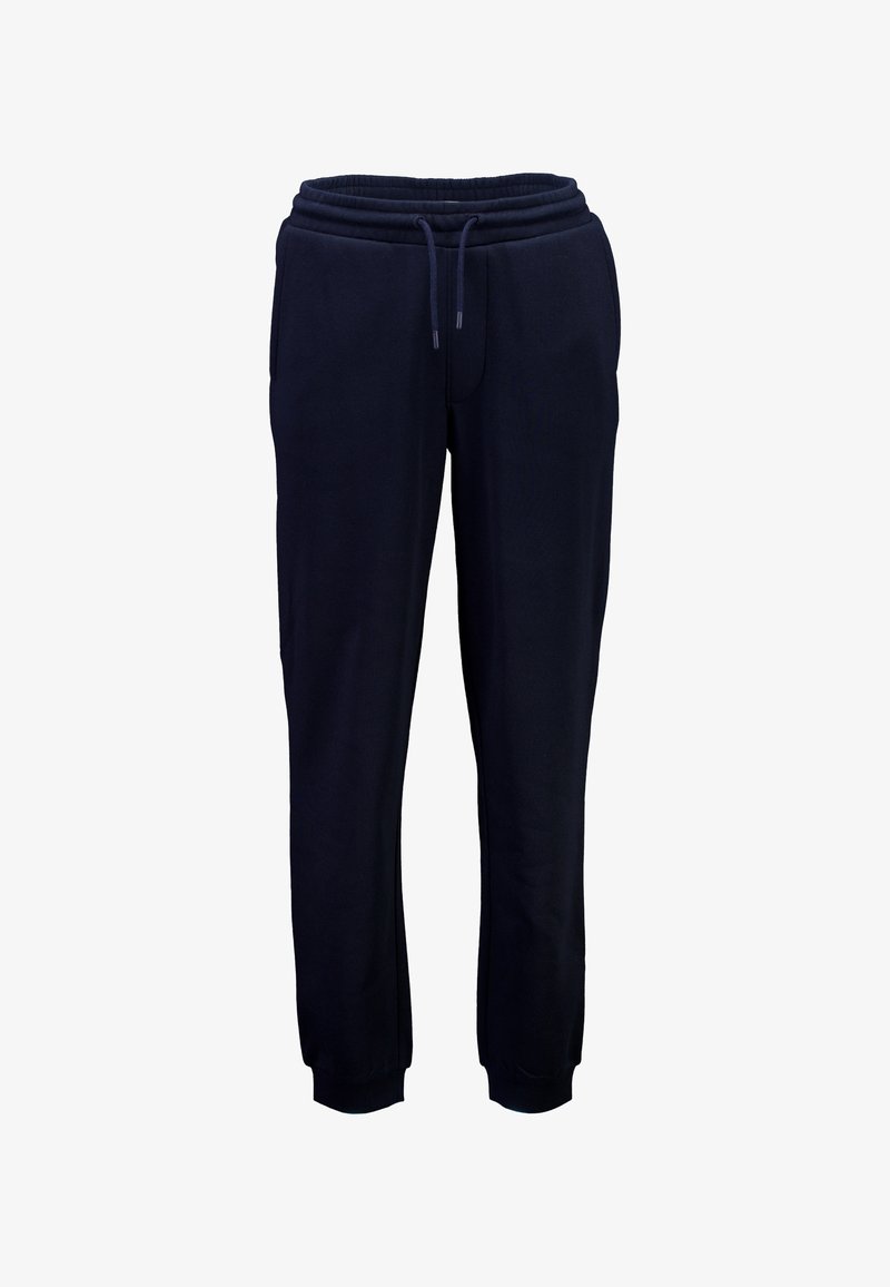Navyblaue Sweatpants aus weichem Stoff, mit elastischem Bund, Kordelzug und seitlichen Taschen; eng zulaufendes Bein mit gerippten Bündchen.