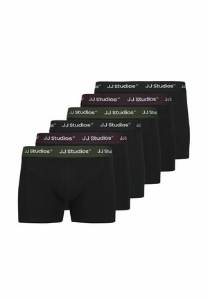 Schwarze Boxer-Brief, fünf Stück im Pack, mit einem Logo-Bund in verschiedenen Farben: dunkelgrün, schwarz und burgunderrot. Weicher Stretchstoff.