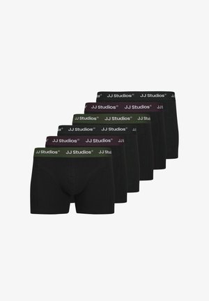 Black boxer briefs, five in a pack, featuring a logo waistband in assorted colors: dark green, black, and burgundy. Soft stretch fabric.