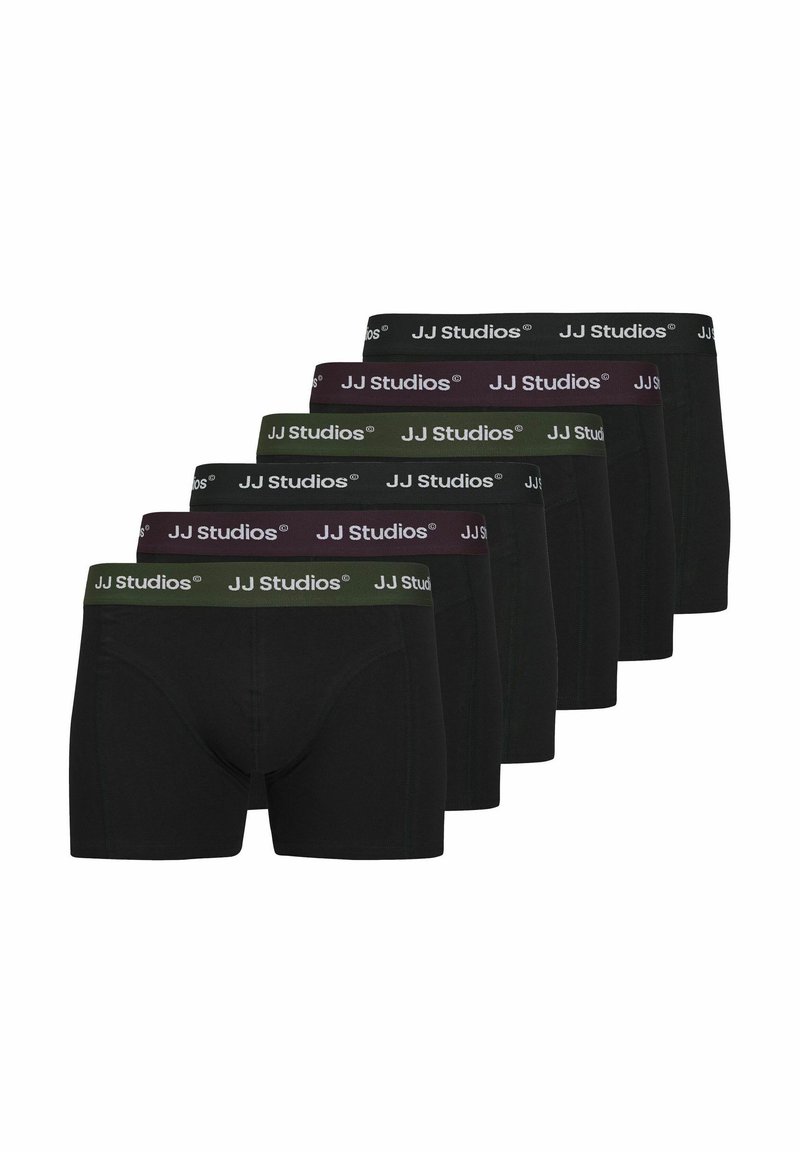 Schwarze Boxer-Brief, fünf Stück im Pack, mit einem Logo-Bund in verschiedenen Farben: dunkelgrün, schwarz und burgunderrot. Weicher Stretchstoff.