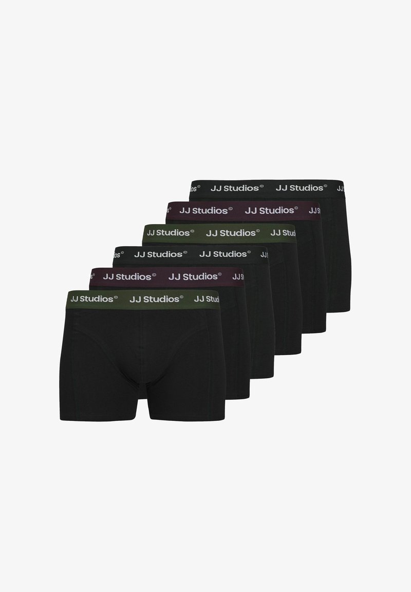Slip boxer neri, cinque in un pacchetto, con una fascia logo in colori assortiti: verde scuro, nero e bordeaux. Tessuto morbido e stretch.
