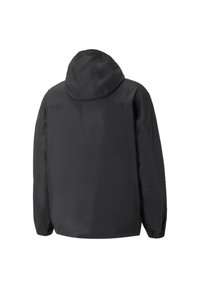 Svart hettejakke med elastiske mansjetter, som har en jevn, matt overflate og en avslappet passform. Minimalistisk design uten synlig maskinvare.