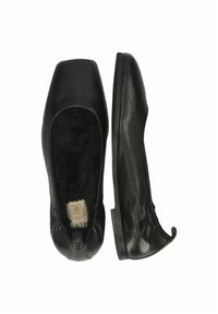 Svarta läderballerinaskor med en mjuk innersula, rund tå, elastiskt kant och platt sula. Enkel, slät yta hela vägen.