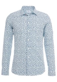Camicia bianca a maniche lunghe con un motivo floreale blu, con bottoni davanti, orlo curvo e colletto strutturato. Realizzata in tessuto leggero.
