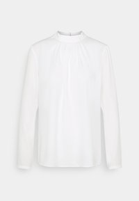 Weiße Bluse mit langen Ärmeln, aus leichtem Material, mit hohem Ausschnitt, Falten an der Vorderseite und geradem Schnitt, schlichtes Design ohne Verzierungen.