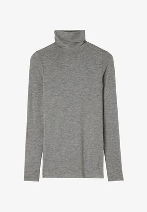 Gray long-sleeve turtleneck shirt made of soft, textured fabric with a fitted design and minimal seam detailing.