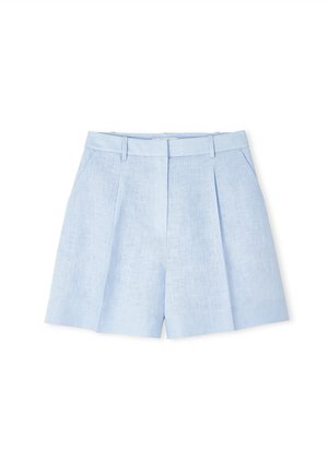 Helle blaue Leinen-Shorts mit hoher Taille, gefaltetem Vorderteil und Seitentaschen. Die Shorts zeichnen sich durch klare Linien und eine glatte Textur aus.