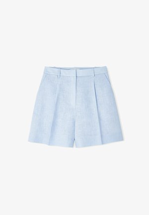 Helle blaue Leinen-Shorts mit hoher Taille, gefaltetem Vorderteil und Seitentaschen. Die Shorts zeichnen sich durch klare Linien und eine glatte Textur aus.