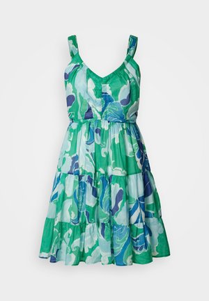 Ärmelloses Kleid mit V-Ausschnitt, geschichteter Rock, mit einem floralen Muster in Grün, Blau und Lila auf leichten Stoff.
