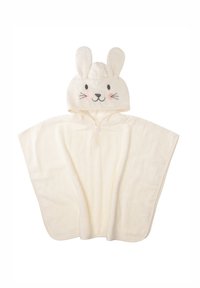 Hooded bath towel poncho in cream with bunny face design, featuring embroidered eyes, whiskers, and 3D ears. Soft, absorbent fabric.