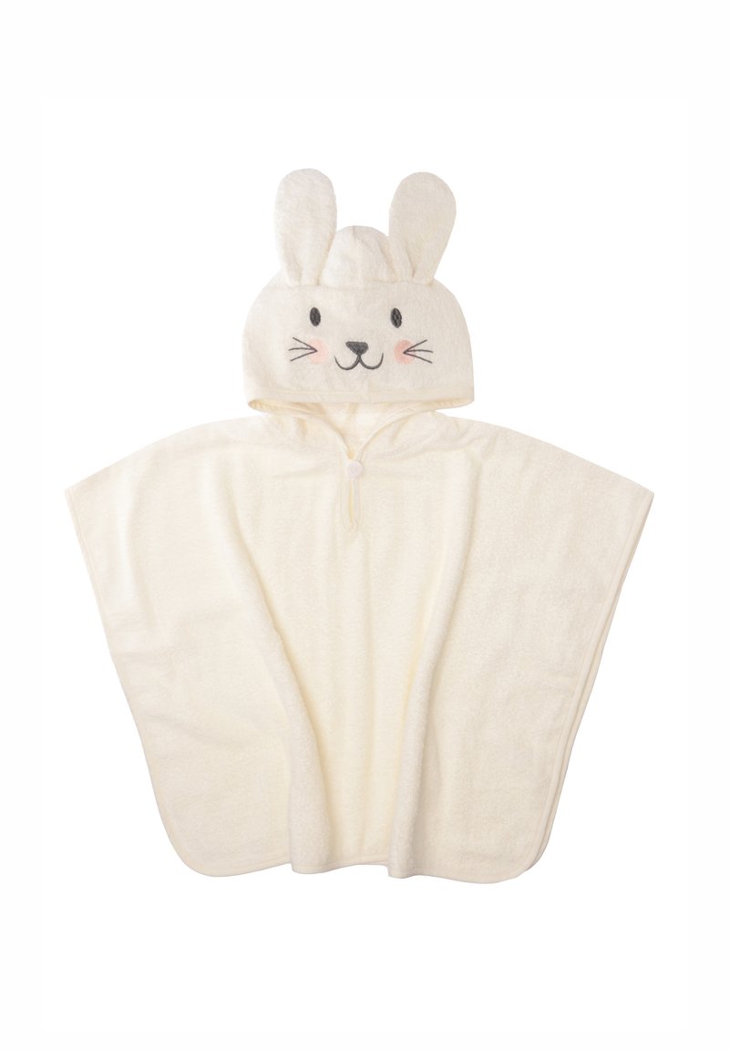 Hooded bath towel poncho in cream with bunny face design, featuring embroidered eyes, whiskers, and 3D ears. Soft, absorbent fabric.
