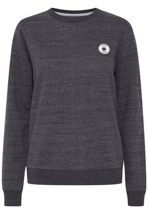 Dark gray sweatshirt made from a textured fabric, featuring a round logo patch on the chest and ribbed cuffs and hem for secure fit.