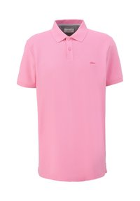 Růžová polo košile vyrobená z texturované tkaniny, vybavená dvoubottoním zapínáním, krátkými rukávy a malým logem na hrudi.
