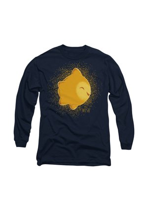 Navy long-sleeve shirt featuring a smiling yellow sun graphic with a textured appearance and gold sparkles around it, labeled "WISH."