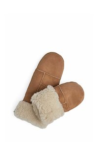 Brune ruskindsvante med en fluffy cremefarvet shearling-manchet, med afrundede spidser og enkel syningsdetalje.