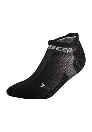 Black low-cut athletic sock with grey mesh sections, white brand name near cuff, and a white number "7" on the toe area.