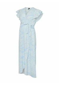 Abito avvolgente azzurro chiaro con maniche a sbuffo, motivo floreale e vita con fiocco. Tessuto morbido, design lungo fino alla caviglia con una leggera caduta.