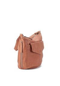 Brown leather shoulder bag with a textured finish, featuring a zippered closure, side pocket, and adjustable strap.