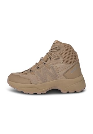 Tan mid-top hiking shoes with mesh panels, textured suede, reinforced toe, and cushioned sole. Features lace-up design and waterproof detailing.