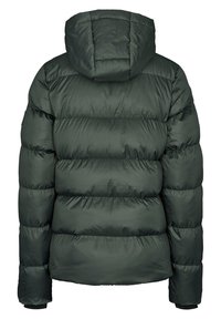 Veste matelassée vert foncé avec quilting horizontal et capuche attachée, vue de dos avec manches longues et taille cintrée.