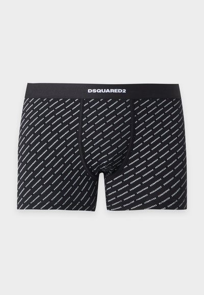 Boxers noirs avec un motif de texte diagonal blanc "DSQUARED2" et une ceinture noire unie avec "DSQUARED2" en lettres blanches en gras.