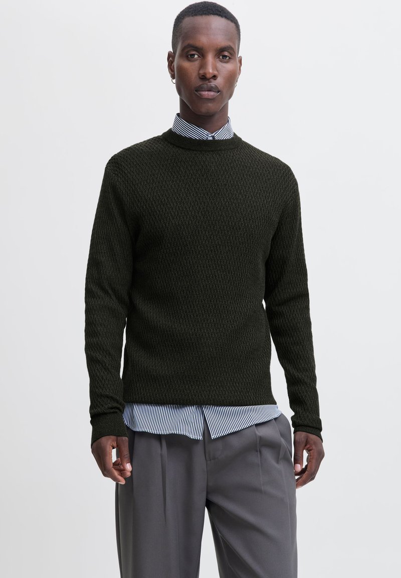 Uomo che indossa un maglione verde scuro testurizzato sopra una camicia a righe con pantaloni grigi plissettati, in piedi davanti a uno sfondo chiaro e uniforme.