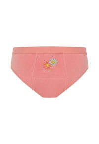 Culotte en coton rose avec un motif floral comportant deux marguerites souriantes et le texte « SOURIRE DAVANTAGE. » Texture douce et taille mi-haute.