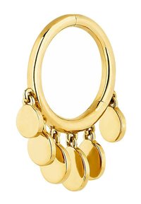 Pendiente de aro dorado con cinco charms circulares colgantes. Superficie metálica lisa con un acabado pulido, que muestra cualidades reflectantes.