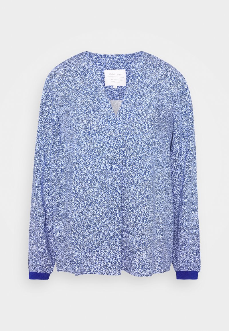 Blauwe blouse met lange mouwen en bloemenpatroon, voorzien van een V-hals, met een effen blauwe manchetten en lichtgewicht stof. Label zichtbaar in de hals.