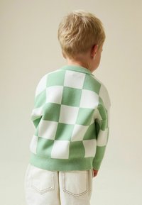 Grün-weiß kariertes Sweatshirt mit Rundhalsausschnitt, weichem Strickmaterial und gerippten Bündchen, kombiniert mit hellen Hosen.