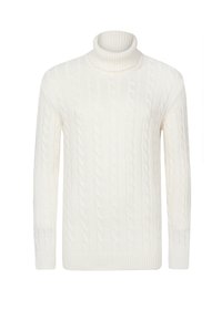 Suéter blanco de punto trenzado con cuello alto, que presenta un cuello y puños acanalados, con un patrón texturizado en todo su cuerpo y una silueta recta.