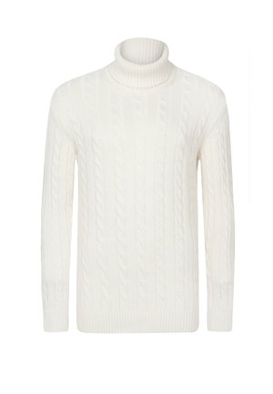 Weißer kabelgestrickter Rollkragenpullover mit geripptem Kragen und Bündchen, einem strukturierten Muster und einer geraden Silhouette.