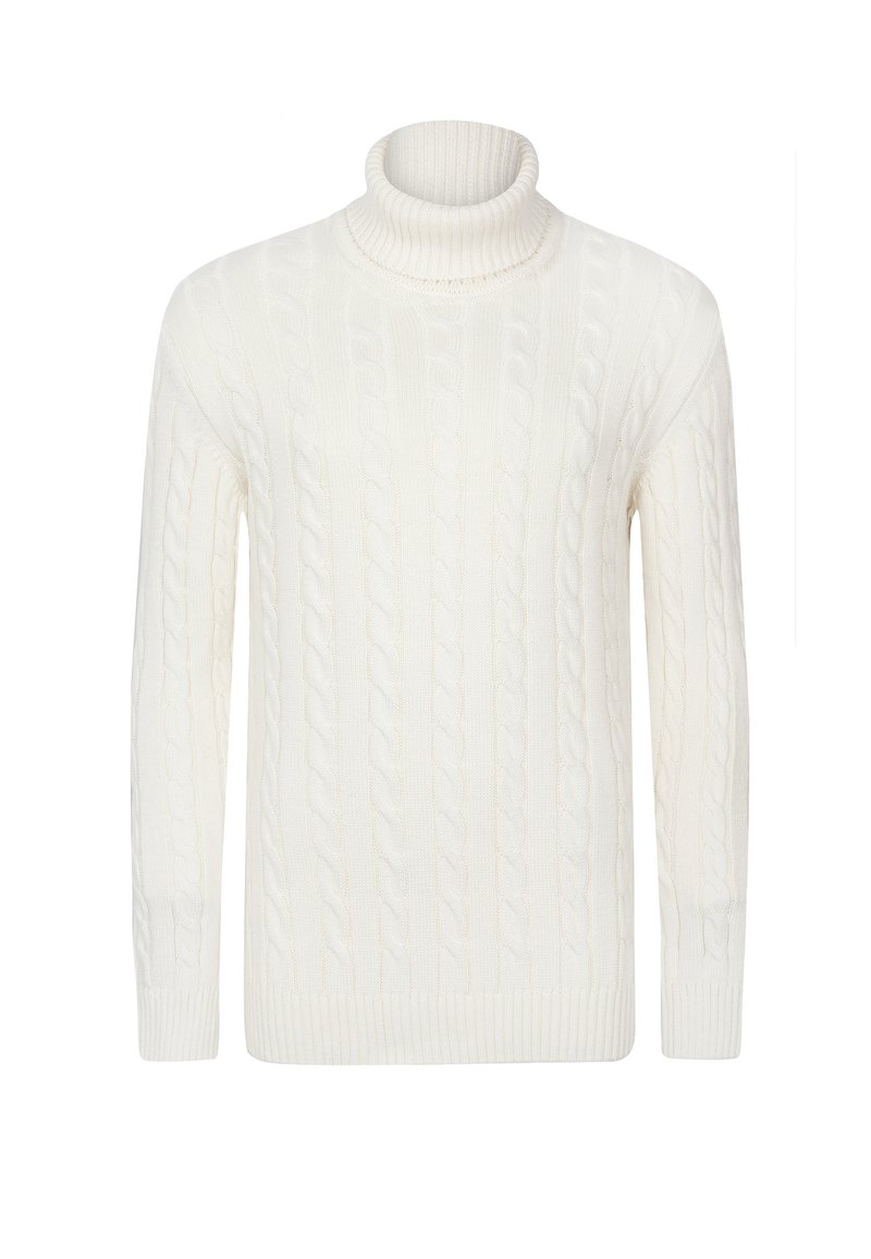 Suéter blanco de punto trenzado con cuello alto, que presenta un cuello y puños acanalados, con un patrón texturizado en todo su cuerpo y una silueta recta.