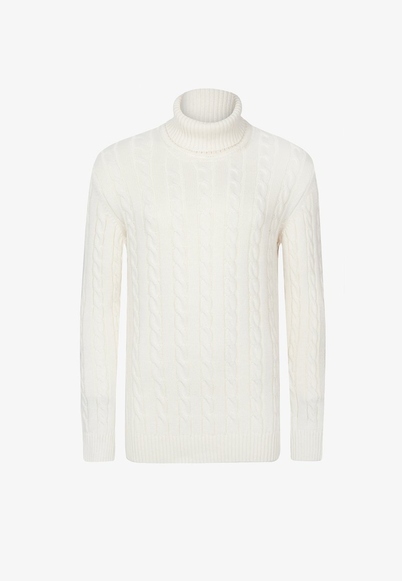 Weißer kabelgestrickter Rollkragenpullover mit geripptem Kragen und Bündchen, einem strukturierten Muster und einer geraden Silhouette.