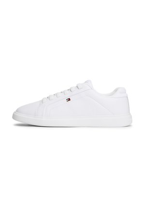 White sneaker with a smooth synthetic upper, round toe, and rubber sole. Features six eyelets and a small logo on the side.