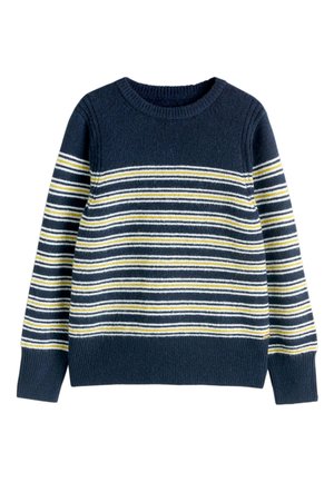 Marineblauer Pullover mit Rundhalsausschnitt und horizontalen weißen, gelben und hellblauen Streifen über Körper und Ärmeln, mit gerippten Bündchen und Saum.