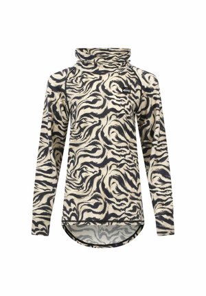 Haut à manches longues avec un motif abstrait zèbre noir et beige, col montant, tissu doux et ourlet arrondi. Logo de la marque sur la poitrine.