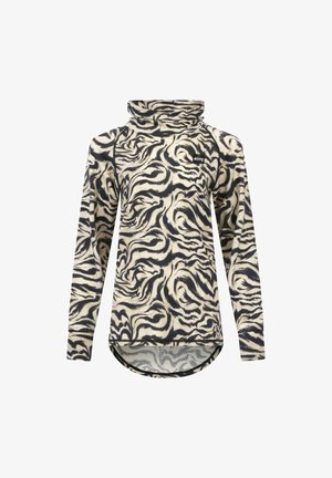 Langarmtop met een zwart-beige abstract zebra patroon, hoge kraag, zachte stof en een ronde zoom. Merklogo op de borst.