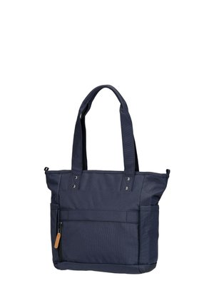 Marineblaue Tragetasche mit zwei Griffen, vordere Reißverschlusstasche mit Lederzug und Seitentaschen, aus strapazierfähigem Stoff gefertigt.