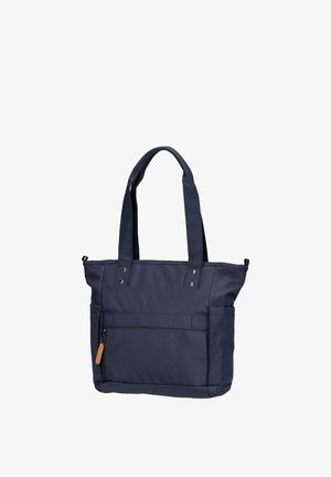 Marineblaue Tragetasche mit zwei Griffen, vordere Reißverschlusstasche mit Lederzug und Seitentaschen, aus strapazierfähigem Stoff gefertigt.
