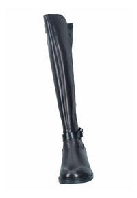 Botte en cuir noir haut, avec une texture lisse, bout arrondi, bride à la cheville et un design élégant et cintré.