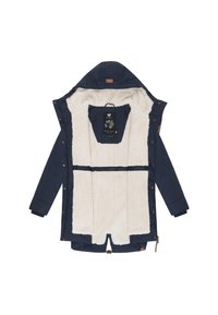 Granatowa pikowana kurtka z miękką, kremową podszewką z polaru. Posiada kaptur, zatrzaski oraz regulowany dół dla pewnego dopasowania.