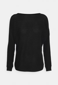 Svart långärmad stickad tröja med subtilt horisontellt strukturerat randmönster och vid halsringning.