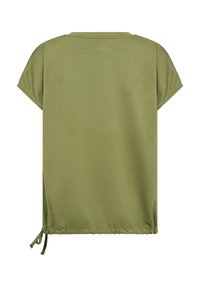 Olive green, short-sleeve top with a round neckline, gathered detailing on the sides, and a relaxed fit. Soft fabric with a smooth texture.